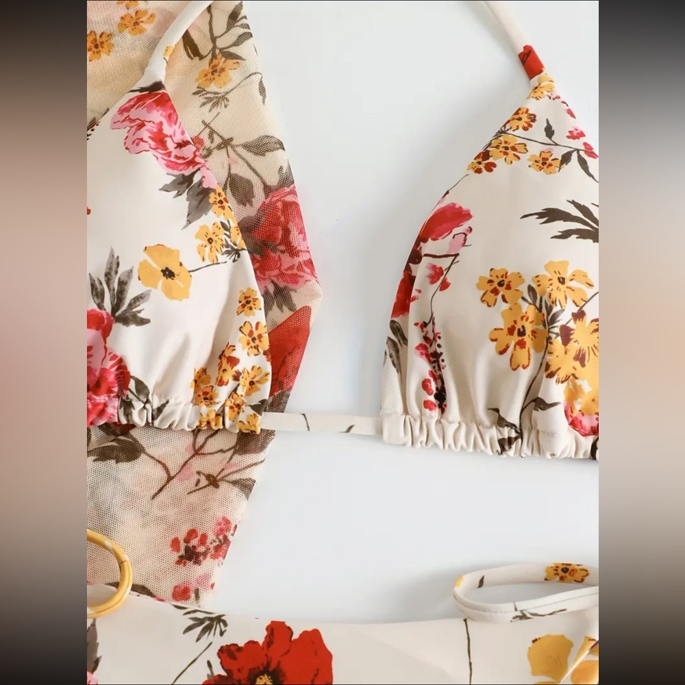 💮 Floral 3 Piece Bikini Set w Cover Up Kimono Size L Boho Swim - Picture 6 of 12